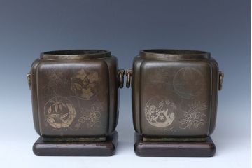 アンティーク雑貨　古民具・骨董　古銅!象嵌の見事な火鉢　1対(手焙り)