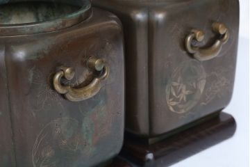 アンティーク雑貨　古民具・骨董　古銅!象嵌の見事な火鉢　1対(手焙り)