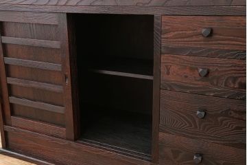 アンティーク雑貨　中古　高級栗材!浮造り(うづくり)仕上げ　民芸茶箪笥(食器棚、水屋箪笥)