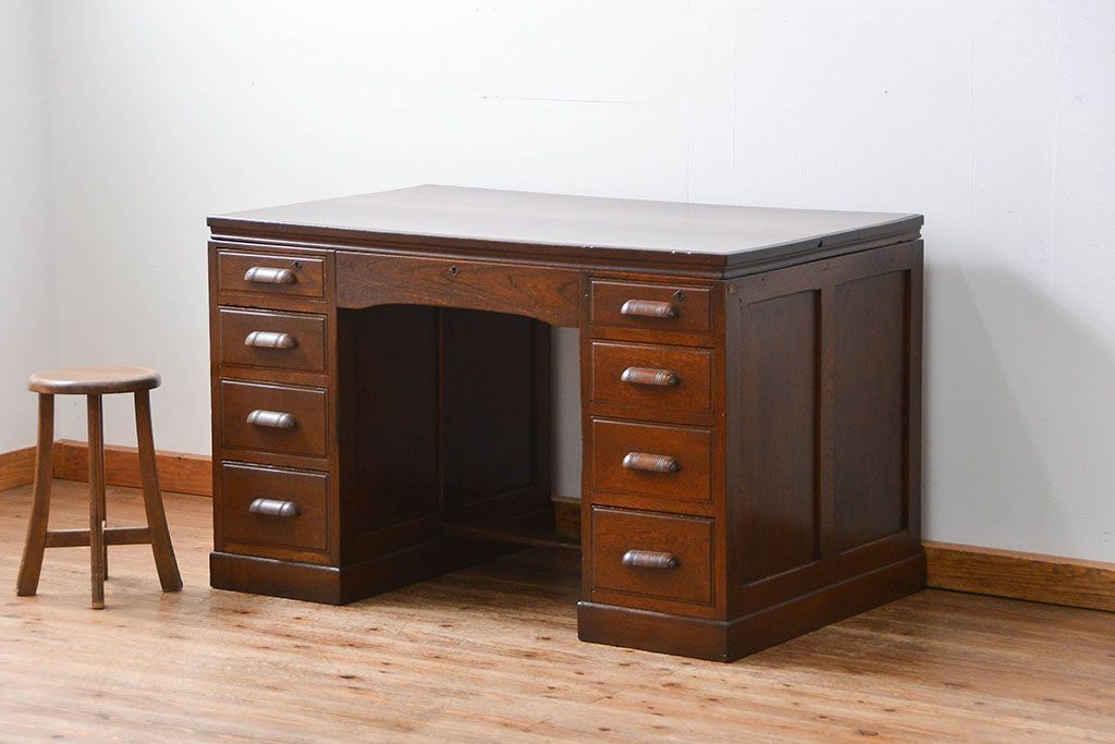 アンティーク家具　アンティーク　古いナラ材の組み立て式両袖机