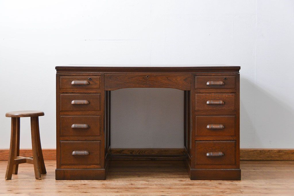 アンティーク家具　アンティーク　古いナラ材の組み立て式両袖机