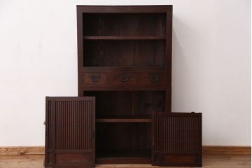 アンティーク家具　☆古民具・骨董　丸桟引き戸のシンプルでモダンな水屋箪笥(食器棚)