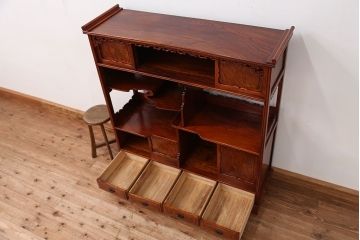 アンティーク家具　現代物　特別注文造り　総ケヤキ玉杢ウルシ塗り飾り棚(茶棚)