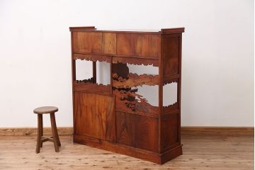アンティーク家具　現代物　特別注文造り　総ケヤキ玉杢ウルシ塗り飾り棚(茶棚)