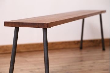 アンティーク家具　☆天板一枚板!古い木の鉄脚長イス(1)(ベンチ・長椅子)