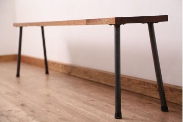 アンティーク家具　☆天板一枚板!古い木の鉄脚長イス(1)(ベンチ・長椅子)