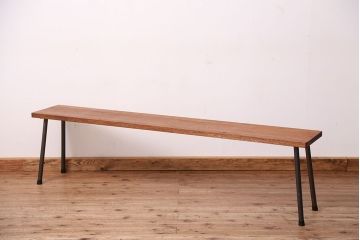 アンティーク家具　☆天板一枚板!古い木の鉄脚長イス(1)(ベンチ・長椅子)