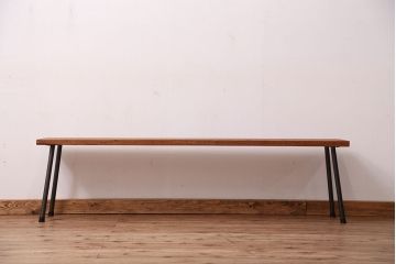 アンティーク家具　☆天板一枚板!古い木の鉄脚長イス(3)(ベンチ・長椅子)