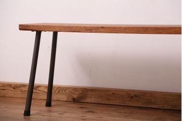 アンティーク家具　☆天板一枚板!古い木の鉄脚長イス(3)(ベンチ・長椅子)