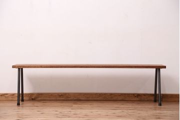 アンティーク家具　☆天板一枚板!古い木の鉄脚長イス(4)(ベンチ・長椅子)
