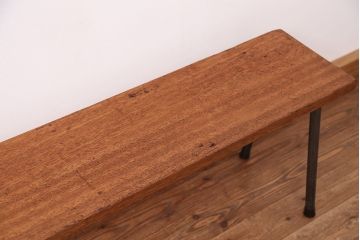アンティーク家具　☆天板一枚板!古い木の鉄脚長イス(4)(ベンチ・長椅子)
