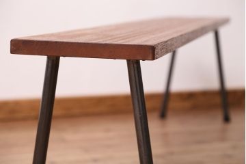 アンティーク家具　☆天板一枚板!古い木の鉄脚長イス(4)(ベンチ・長椅子)