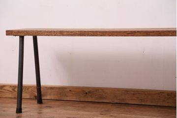 アンティーク家具　☆天板一枚板!古い木の鉄脚長イス(4)(ベンチ・長椅子)