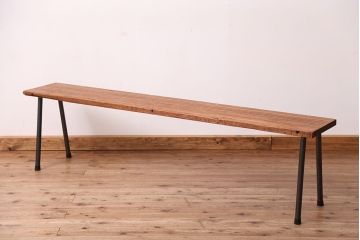 アンティーク家具　☆天板一枚板!古い木の鉄脚長イス(4)(ベンチ・長椅子)