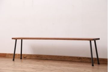 アンティーク家具　☆天板一枚板!古い木の鉄脚長イス(5)(ベンチ・長椅子)