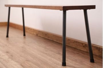 アンティーク家具　☆天板一枚板!古い木の鉄脚長イス(5)(ベンチ・長椅子)