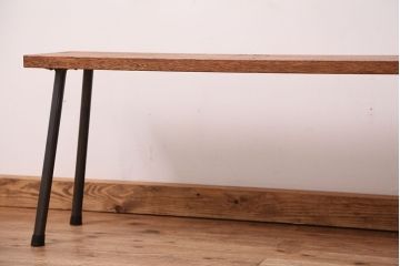 アンティーク家具　☆天板一枚板!古い木の鉄脚長イス(5)(ベンチ・長椅子)