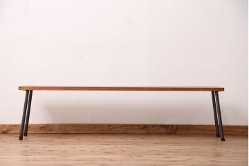 アンティーク家具　☆天板一枚板!古い木の鉄脚長イス(6)(ベンチ・長椅子)