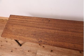 アンティーク家具　☆天板一枚板!古い木の鉄脚長イス(6)(ベンチ・長椅子)