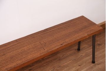 アンティーク家具　☆天板一枚板!古い木の鉄脚長イス(6)(ベンチ・長椅子)