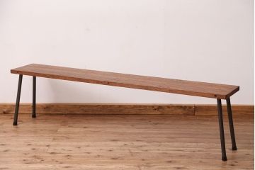 アンティーク家具　☆天板一枚板!古い木の鉄脚長イス(6)(ベンチ・長椅子)