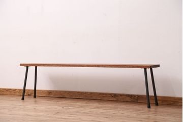アンティーク家具　☆天板一枚板!古い木の鉄脚長イス(7)(ベンチ・長椅子)