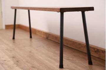 アンティーク家具　☆天板一枚板!古い木の鉄脚長イス(7)(ベンチ・長椅子)