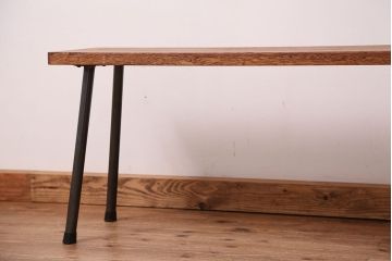 アンティーク家具　☆天板一枚板!古い木の鉄脚長イス(7)(ベンチ・長椅子)