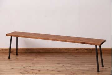 アンティーク家具　☆天板一枚板!古い木の鉄脚長イス(7)(ベンチ・長椅子)