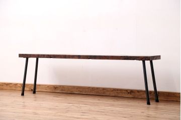 アンティーク家具　☆天板一枚板!古いケヤキ材の鉄脚ベンチ(長イス・長椅子)