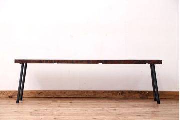 アンティーク家具　☆天板一枚板!古いケヤキ材の鉄脚ベンチ(長イス・長椅子)