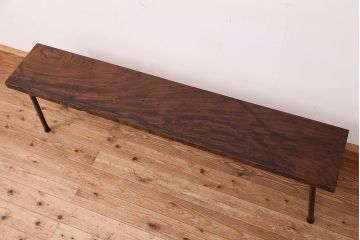 アンティーク家具　☆天板一枚板!古いケヤキ材の鉄脚ベンチ(長イス・長椅子)