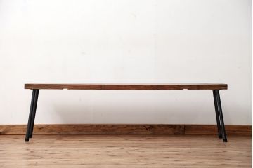 アンティーク家具　☆天板一枚板!古いケヤキ材の鉄脚ベンチ(長イス・長椅子)