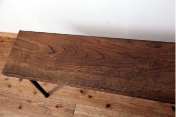 アンティーク家具　☆天板一枚板!古いケヤキ材の鉄脚ベンチ(長イス・長椅子)