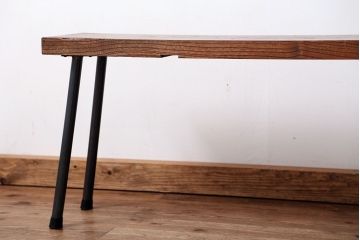 アンティーク家具　☆天板一枚板!古いケヤキ材の鉄脚ベンチ(長イス・長椅子)