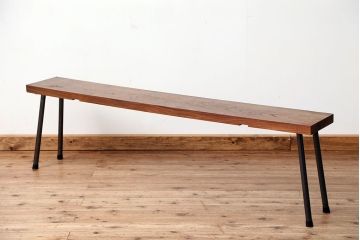 アンティーク家具　☆天板一枚板!古いケヤキ材の鉄脚ベンチ(長イス・長椅子)