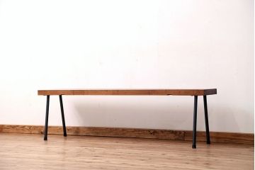 アンティーク家具　☆天板一枚板!古いケヤキ材の鉄脚ベンチ(長イス・長椅子)