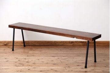 アンティーク家具　☆天板一枚板!古いケヤキ材の鉄脚ベンチ(長イス・長椅子)