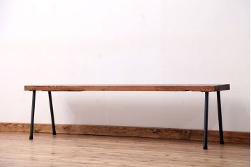 アンティーク家具　☆天板一枚板!古いケヤキ材の鉄脚ベンチ(長イス・長椅子)?