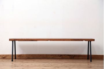 アンティーク家具　☆天板一枚板!古いケヤキ材の鉄脚ベンチ(長イス・長椅子)?