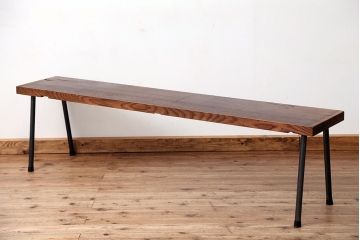 アンティーク家具　☆天板一枚板!古いケヤキ材の鉄脚ベンチ(長イス・長椅子)?