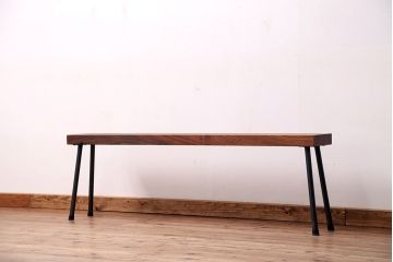 アンティーク家具　☆天板一枚板!古いケヤキ材の鉄脚ベンチ(長イス・長椅子)?