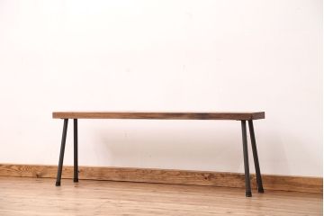 アンティーク家具　☆天板一枚板!古いケヤキ材の鉄脚ベンチ(長イス・長椅子)?