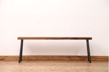 アンティーク家具　☆天板一枚板!古いケヤキ材の鉄脚ベンチ(長イス・長椅子)?
