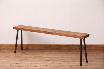 アンティーク家具　☆天板一枚板!古いケヤキ材の鉄脚ベンチ(長イス・長椅子)?