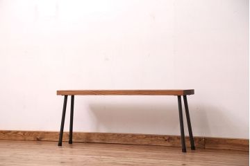 アンティーク家具　☆天板一枚板!古いケヤキ材の鉄脚ベンチ(長イス・長椅子)?