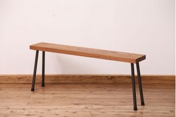 アンティーク家具　☆天板一枚板!古いケヤキ材の鉄脚ベンチ(長イス・長椅子)?