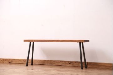アンティーク家具　☆天板一枚板!古いケヤキ材の鉄脚ベンチ(長イス・長椅子)?