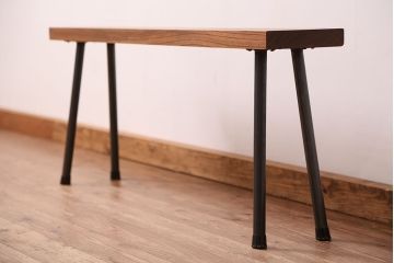 アンティーク家具　☆天板一枚板!古いケヤキ材の鉄脚ベンチ(長イス・長椅子)?