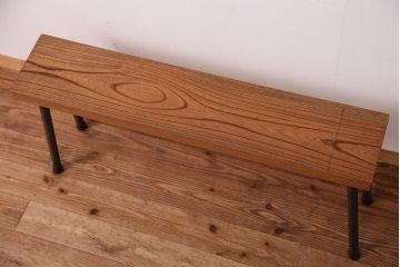 アンティーク家具　☆天板一枚板!古いケヤキ材の鉄脚ベンチ(長イス・長椅子)